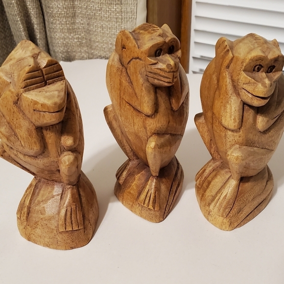 3 Wise Monkeys Vintage Wood Hand Carved See No Evil Hear No Evil Speak No Evil - Picture 1 of 10